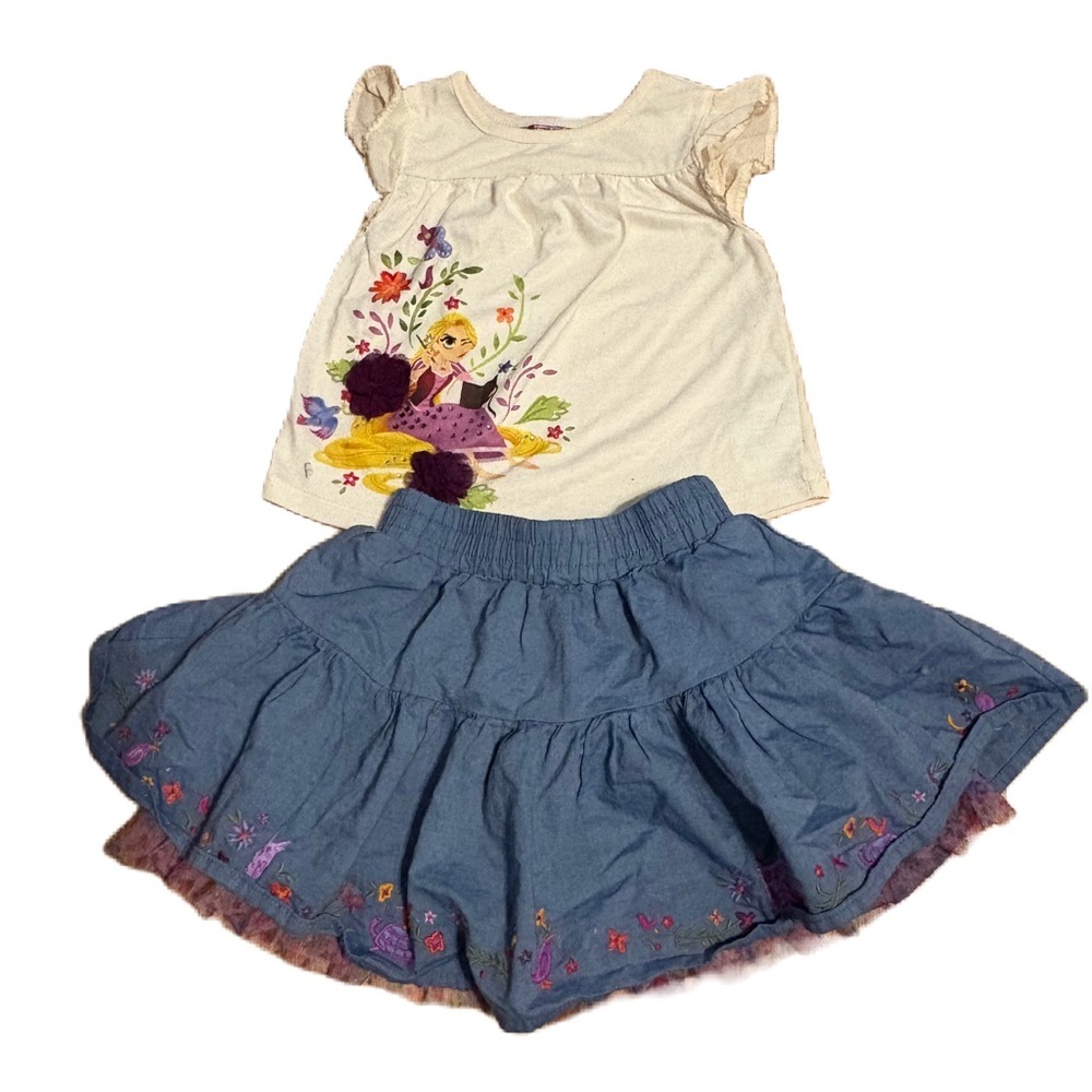 Disney Rapunzel Matching Outfit Sz 3 Skirt Top Shirt Tangled Blue Cream Ruffle